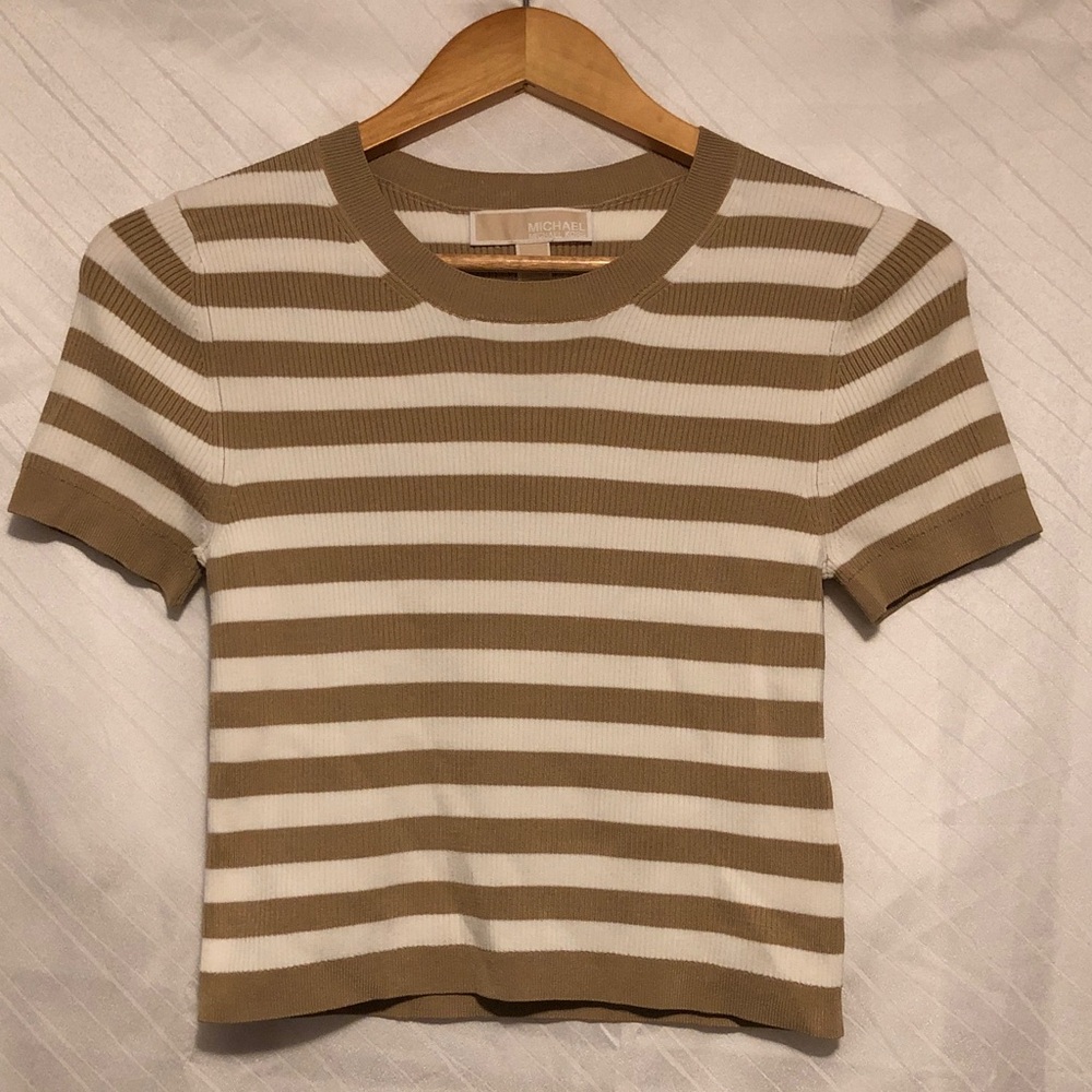 Michael Kors Short Sleeve Striped Knit Tee in Tan and White